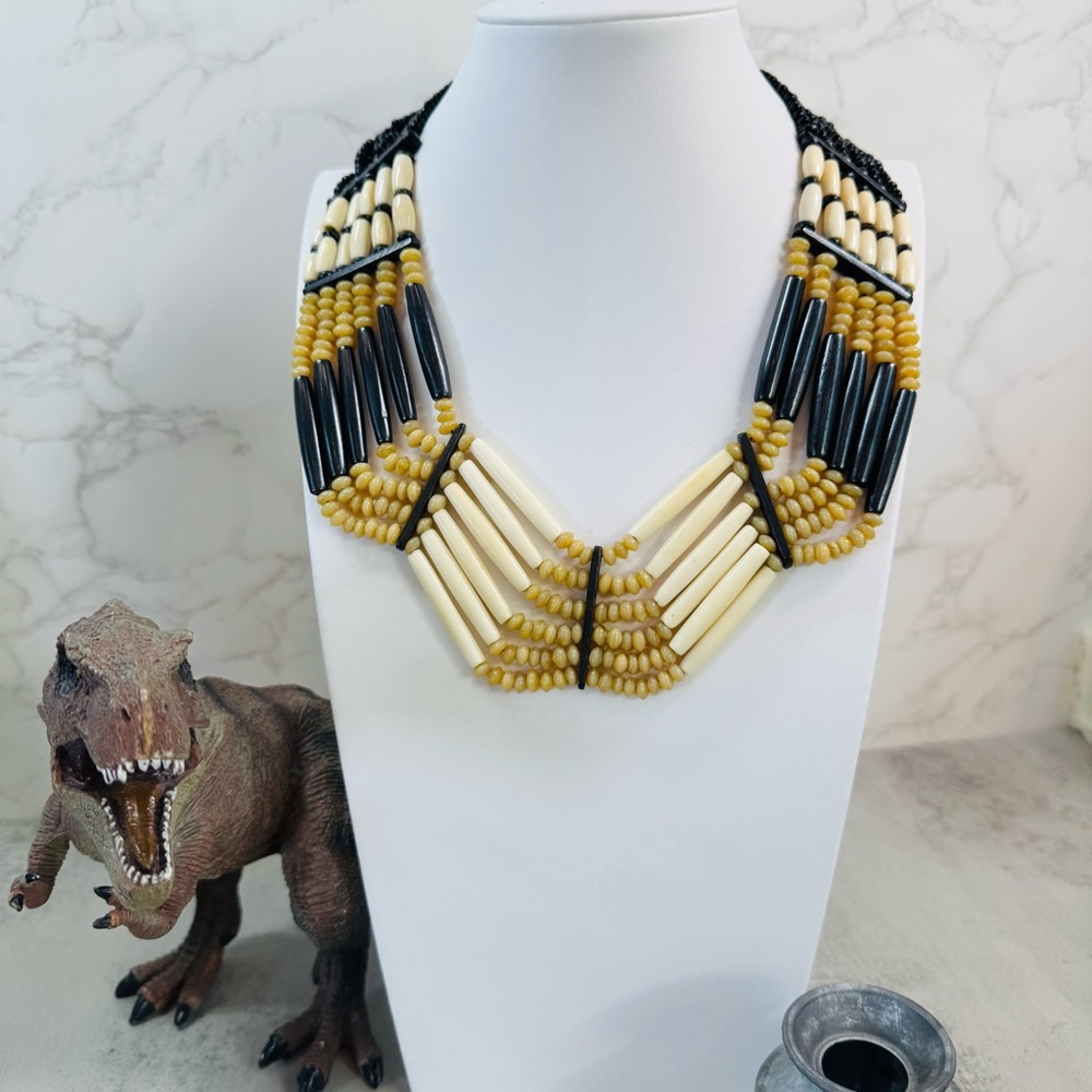 Vintage Artisan Handmade Bone, Glass and Horn Tribal Necklace 18-20 in. - Picture 4 of 15